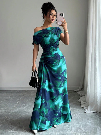 Floral Asymmetrical Ruched Midi Dress