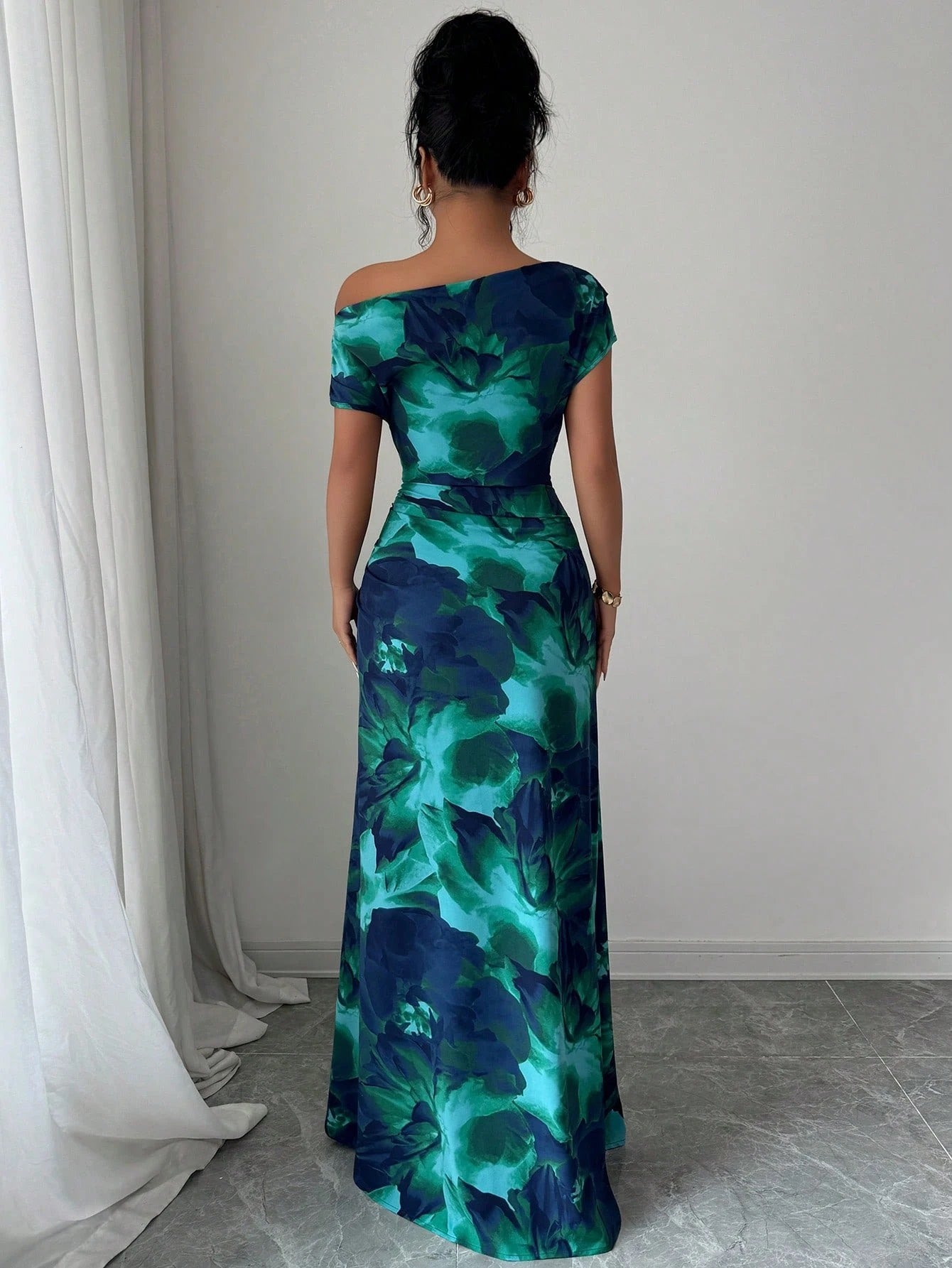 Floral Asymmetrical Ruched Midi Dress
