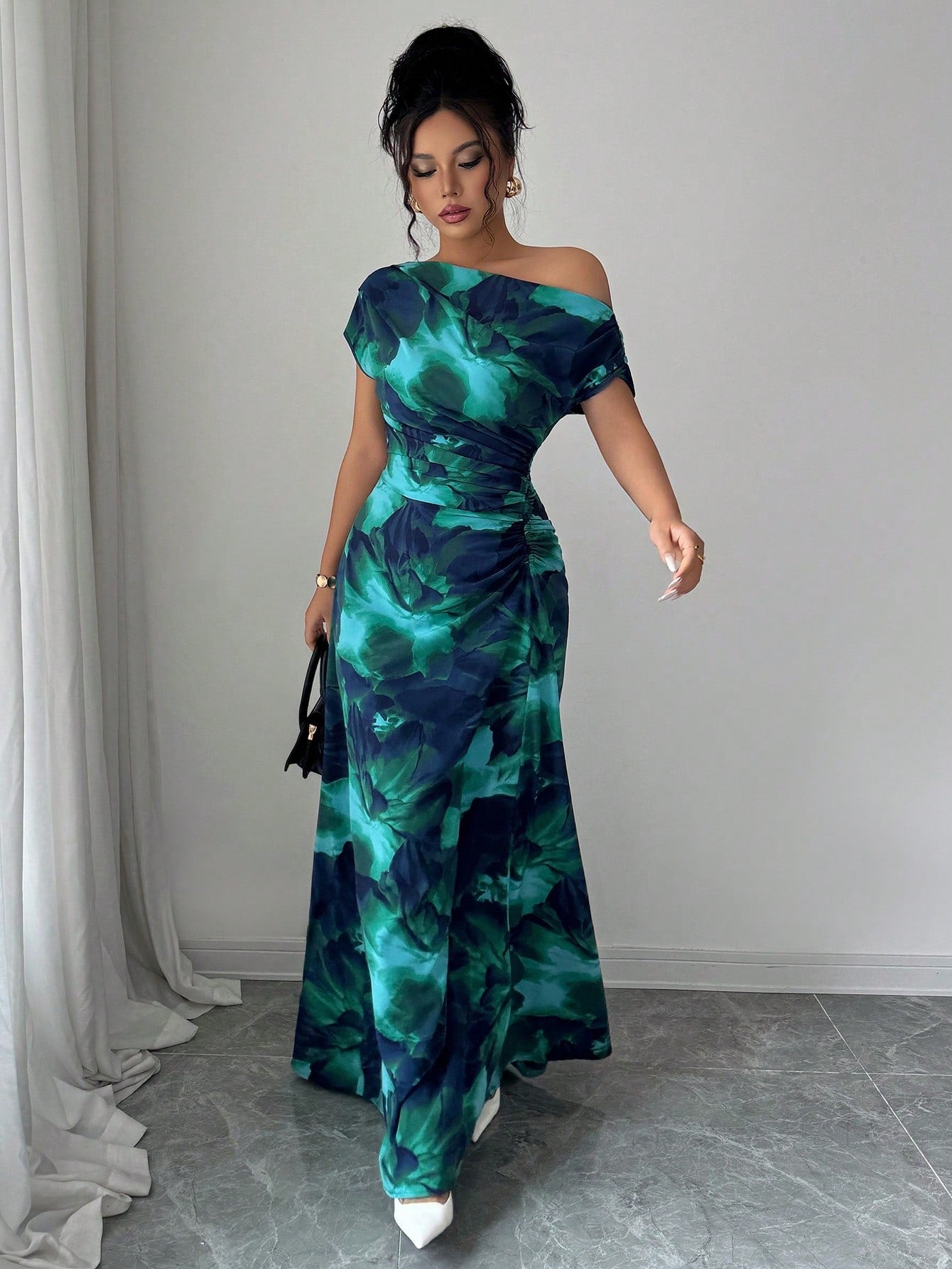 Floral Asymmetrical Ruched Midi Dress
