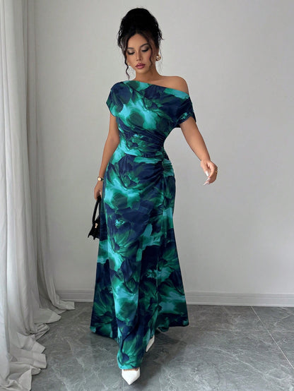 Floral Asymmetrical Ruched Midi Dress