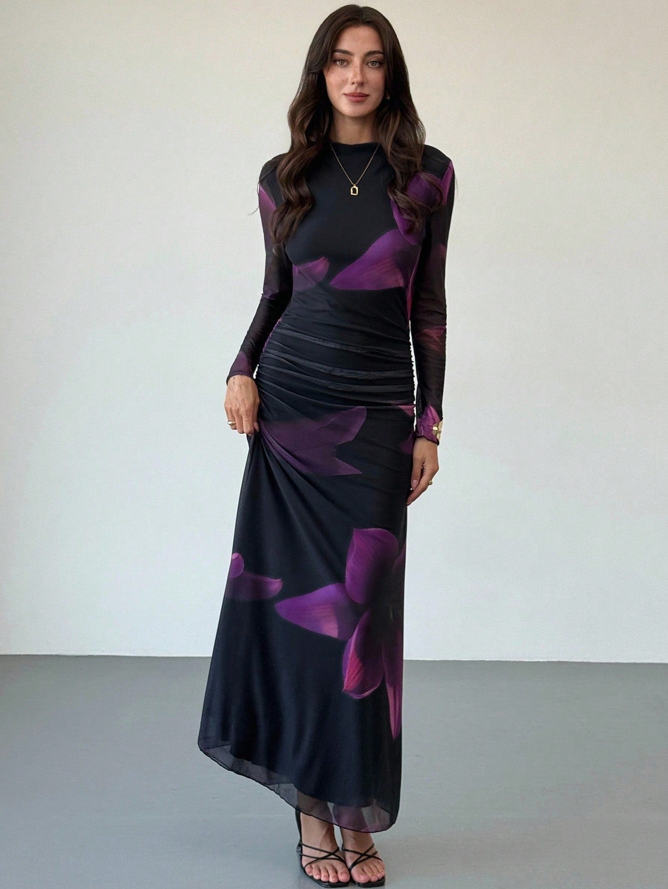 Purple Mesh Abstract Long Sleeve Dress