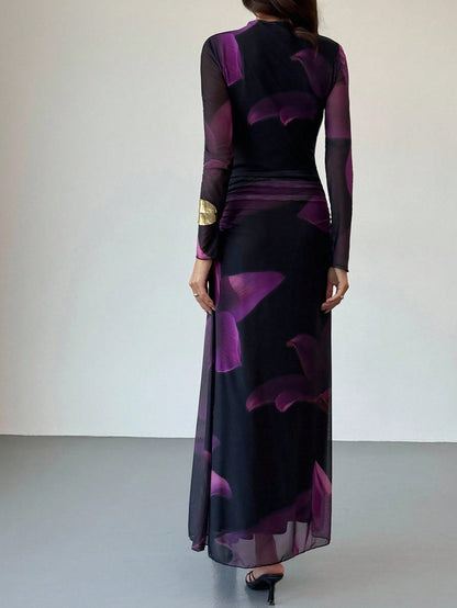 Purple Mesh Abstract Long Sleeve Dress