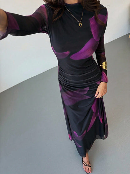 Purple Mesh Abstract Long Sleeve Dress