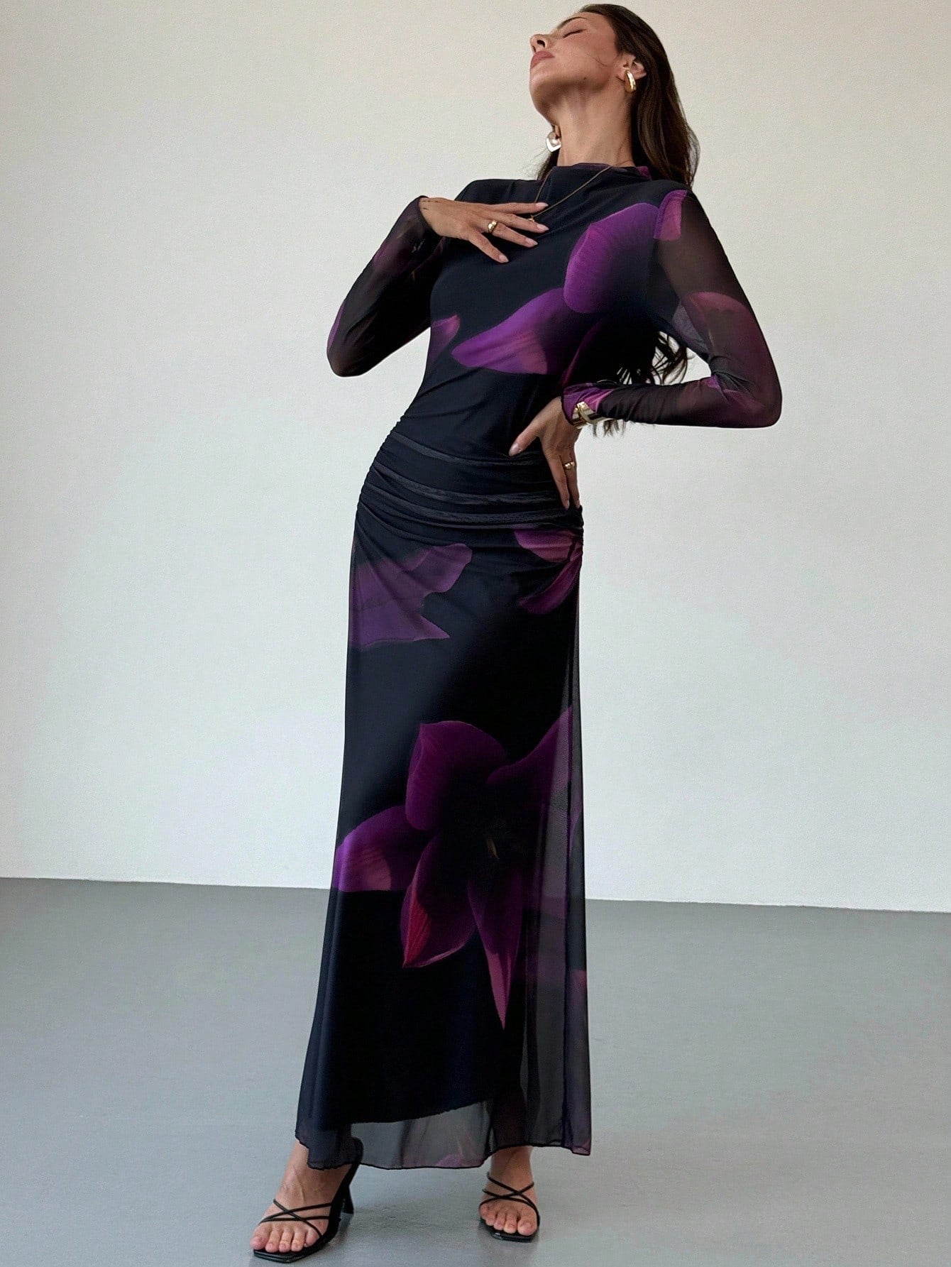 Purple Mesh Abstract Long Sleeve Dress