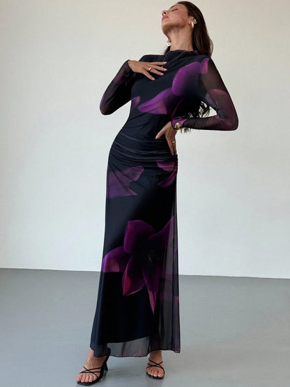 Purple Mesh Abstract Long Sleeve Dress