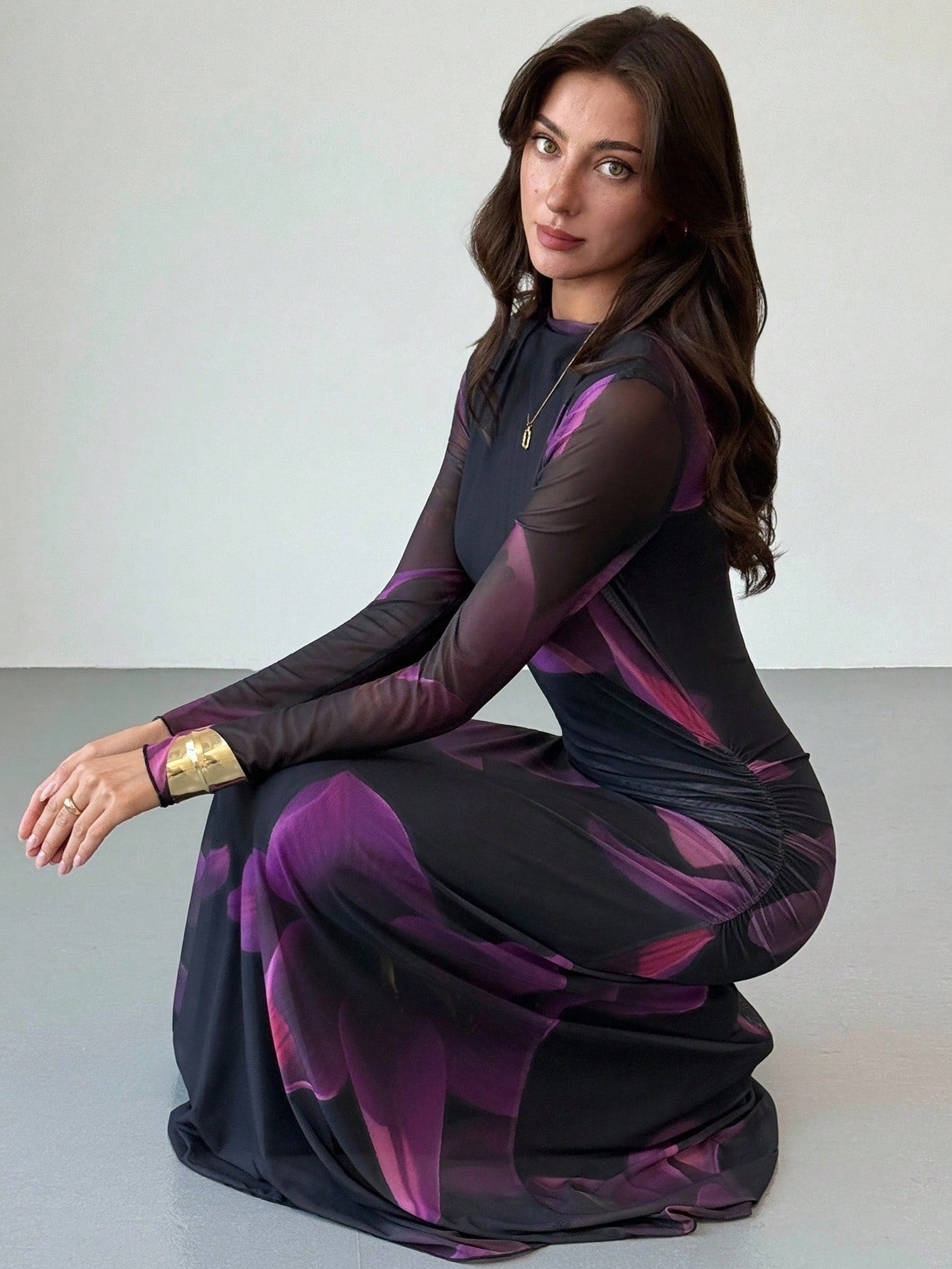 Purple Mesh Abstract Long Sleeve Dress
