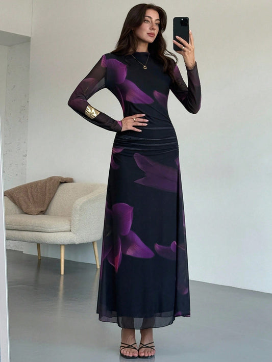 Purple Mesh Abstract Long Sleeve Dress