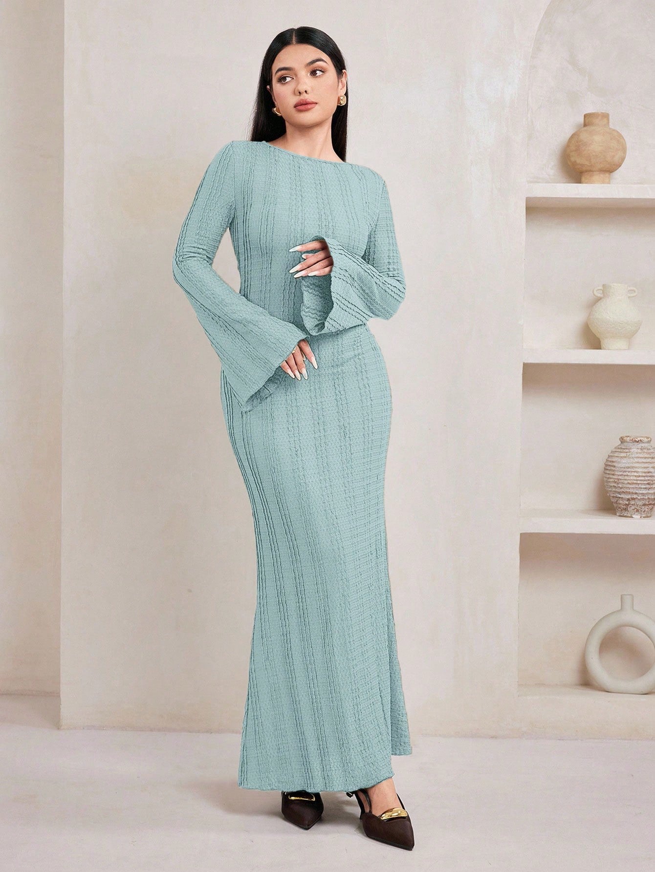 Jacquard Knit Flare Sleeve Dress