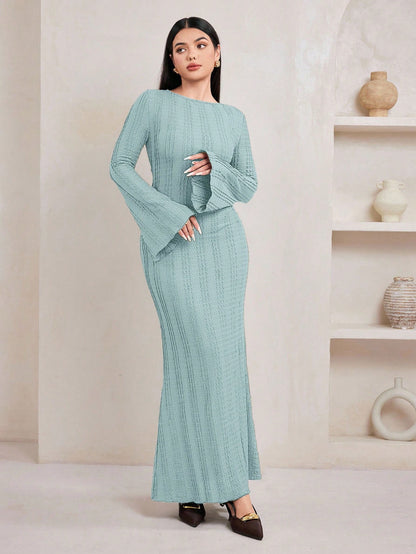 Jacquard Knit Flare Sleeve Dress