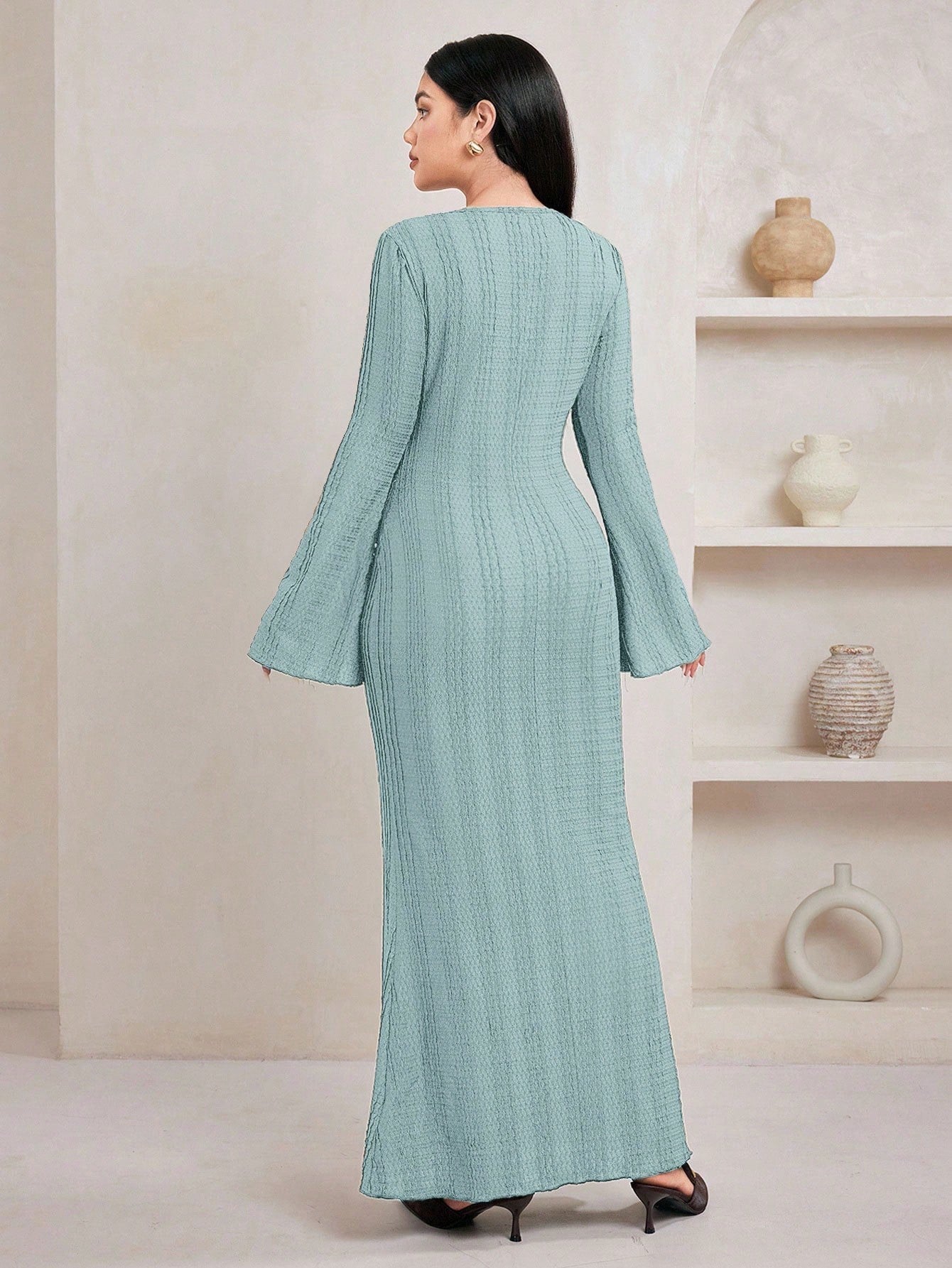 Jacquard Knit Flare Sleeve Dress