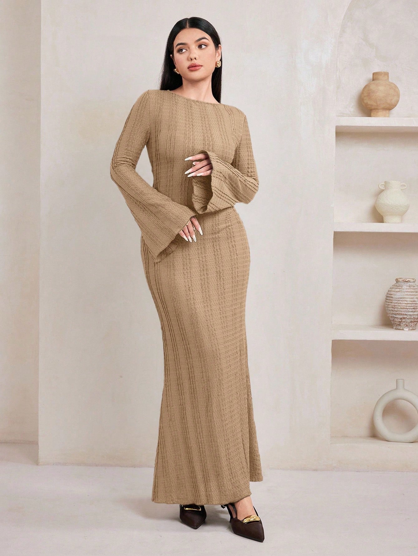 Jacquard Knit Flare Sleeve Dress