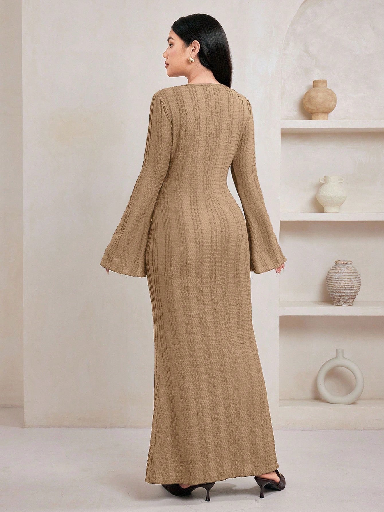 Jacquard Knit Flare Sleeve Dress