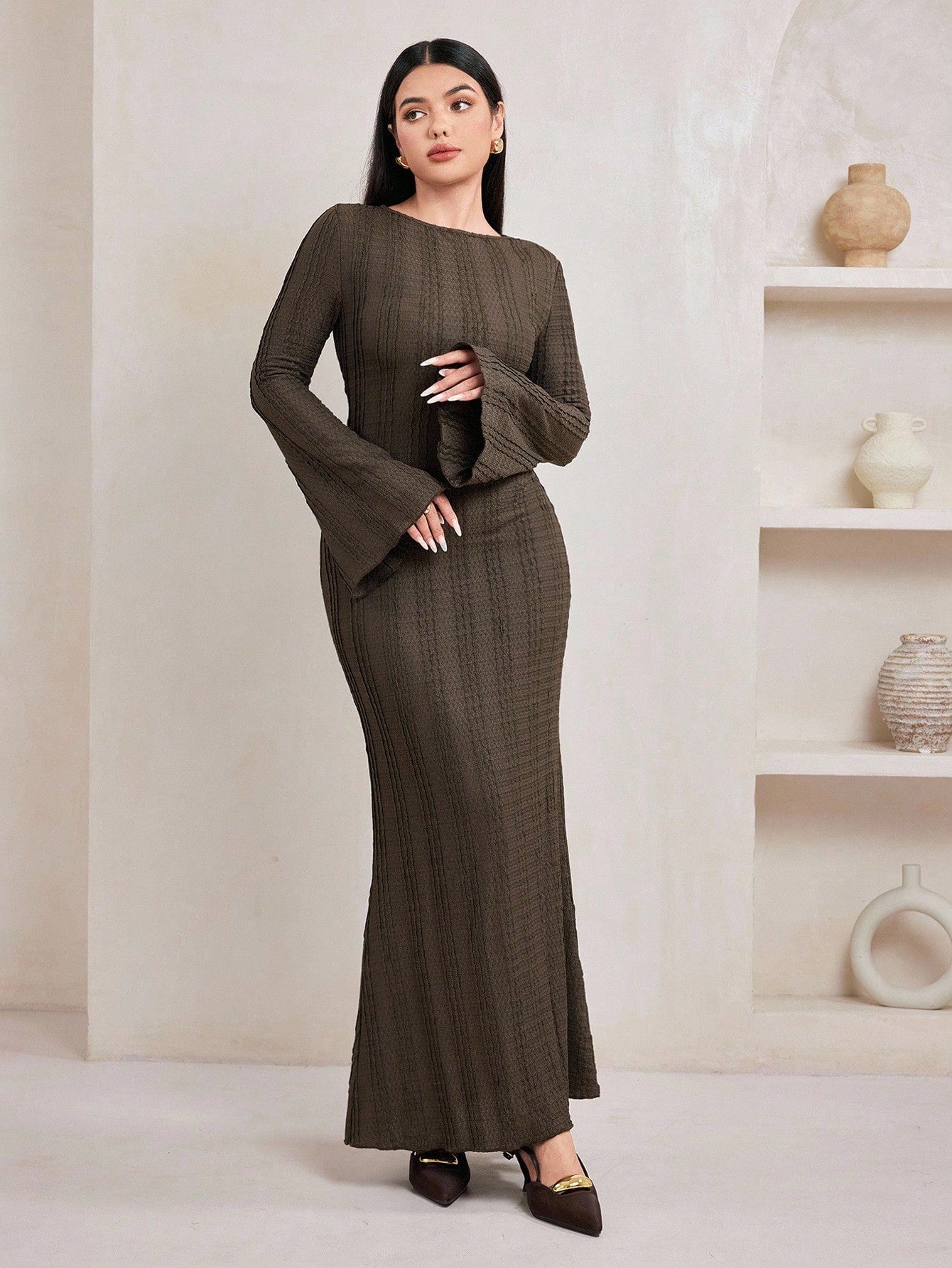 Jacquard Knit Flare Sleeve Dress