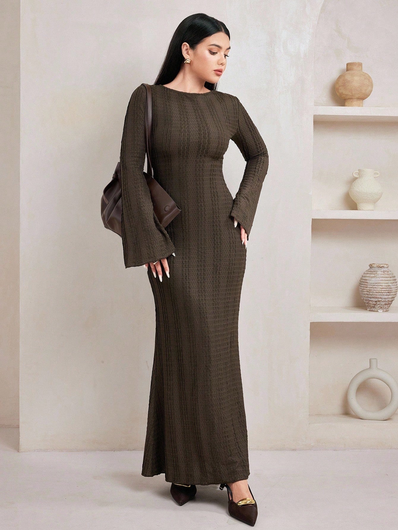 Jacquard Knit Flare Sleeve Dress