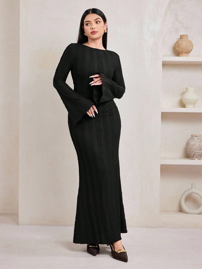 Jacquard Knit Flare Sleeve Dress