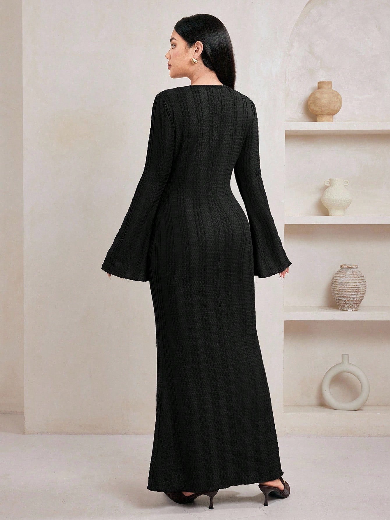 Jacquard Knit Flare Sleeve Dress