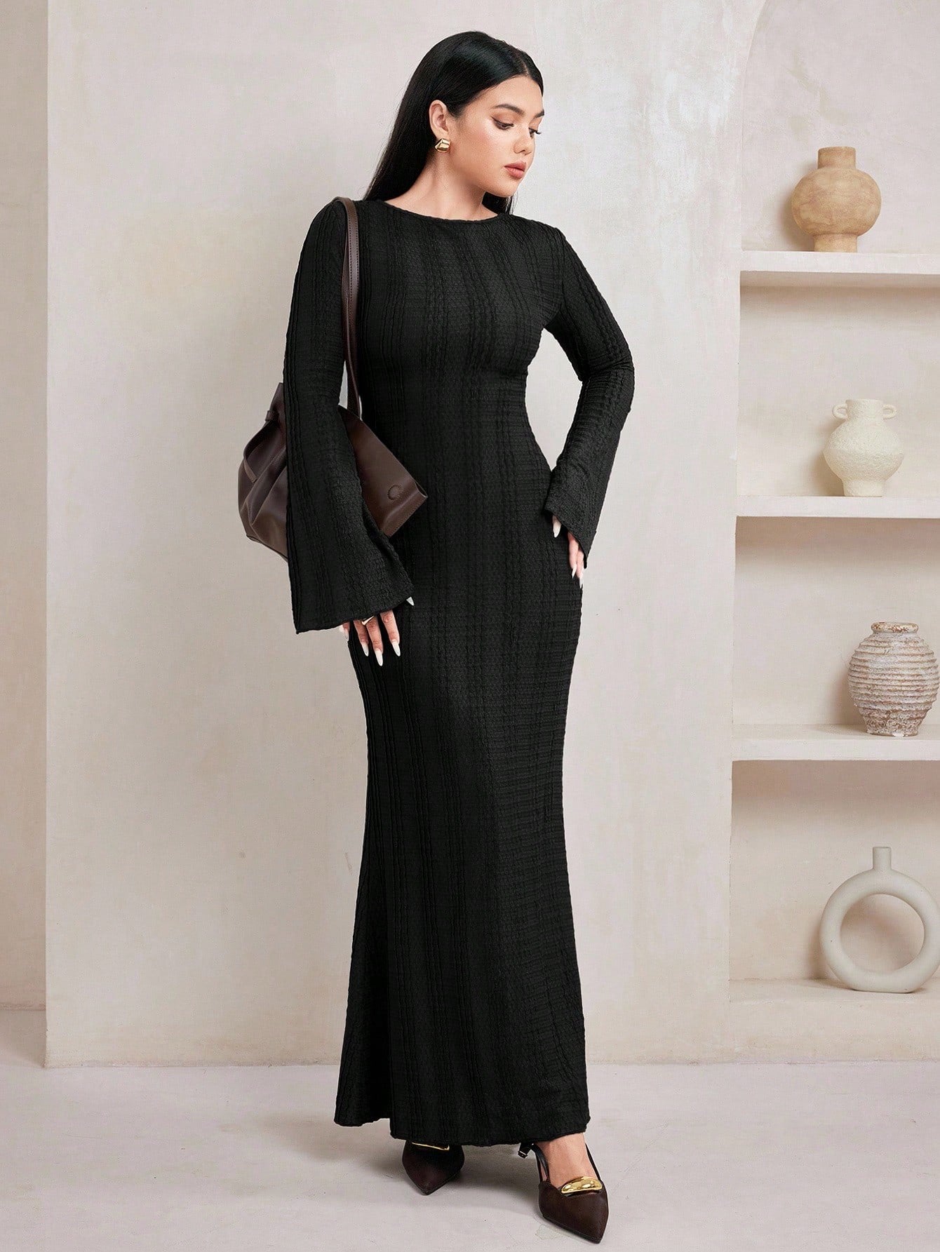 Jacquard Knit Flare Sleeve Dress