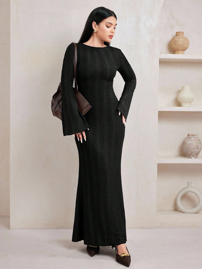 Jacquard Knit Flare Sleeve Dress