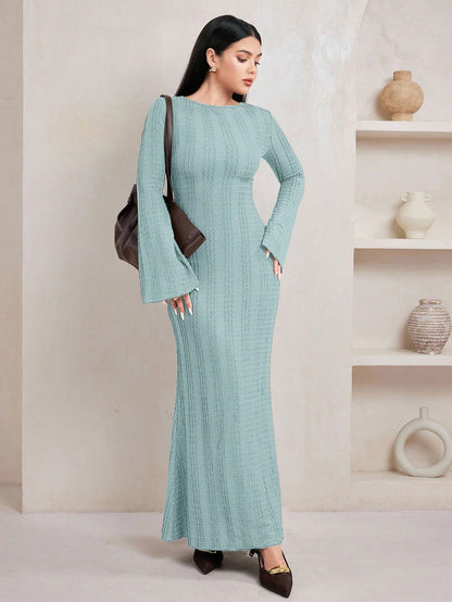 Jacquard Knit Flare Sleeve Dress