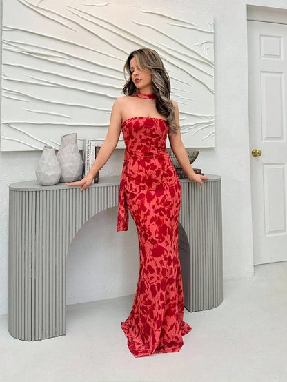 Red Floral Mesh Bodycon Maxi