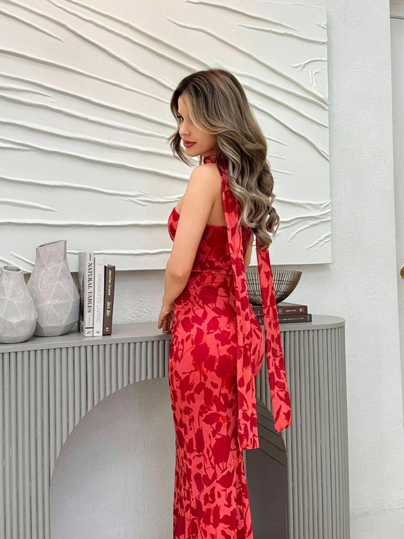 Red Floral Mesh Bodycon Maxi