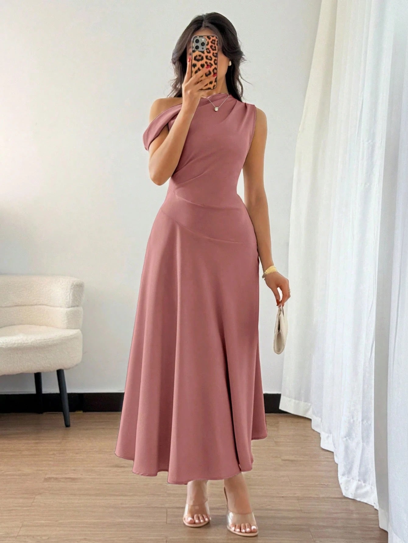 Fashzeo dusty pink one-shoulder fit and flare dress with dramatic ruffle detail for summer vacations and graduation ceremonies2
