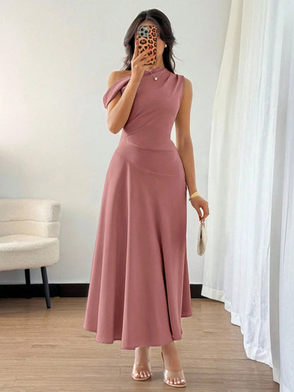 Fashzeo dusty pink one-shoulder fit and flare dress with dramatic ruffle detail for summer vacations and graduation ceremonies2