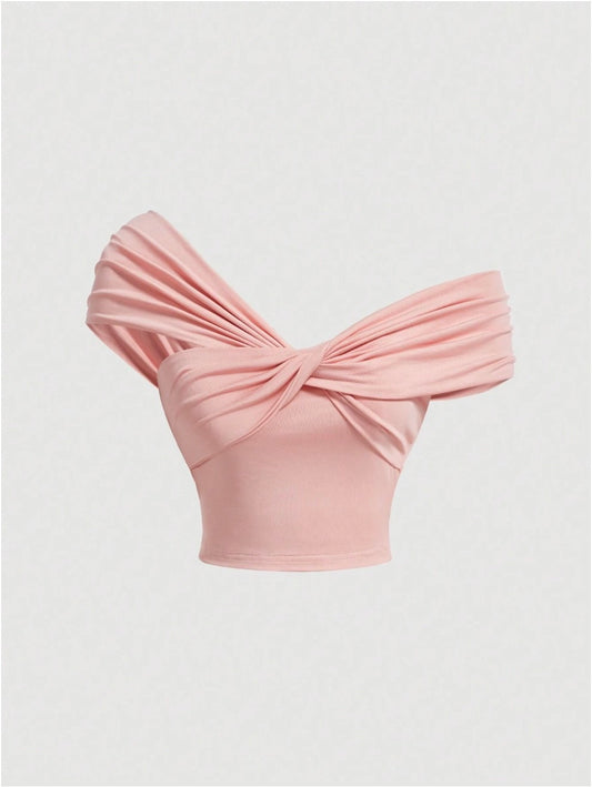 Pink Knit Fashionable Casual Ruched Asymmetrical Neckline Tight Cropped T-Shirt