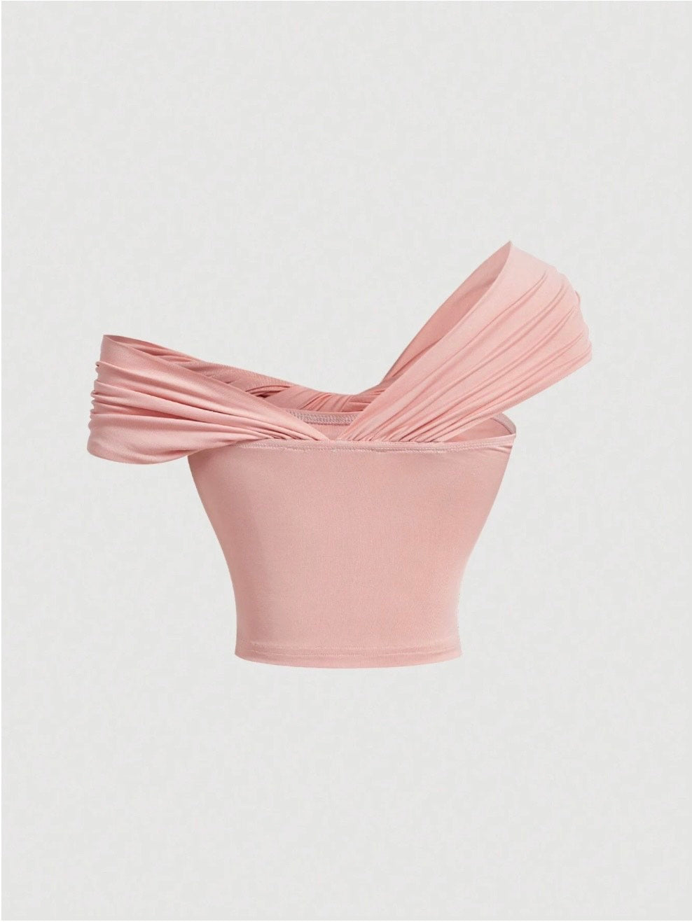 Pink Knit Fashionable Casual Ruched Asymmetrical Neckline Tight Cropped T-Shirt