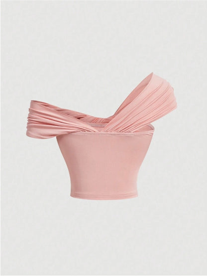 Pink Knit Fashionable Casual Ruched Asymmetrical Neckline Tight Cropped T-Shirt