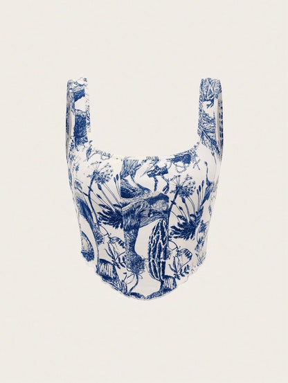 Plant Print Lettuce Trim Bodycon Summer Tank Top
