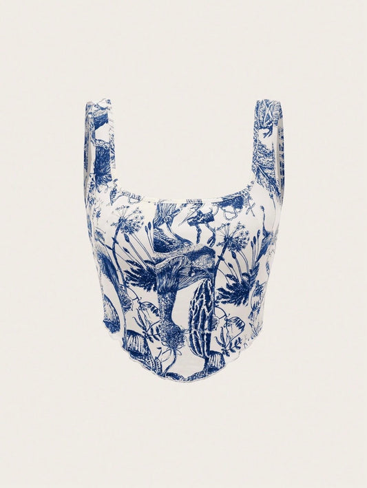 Plant Print Lettuce Trim Bodycon Summer Tank Top