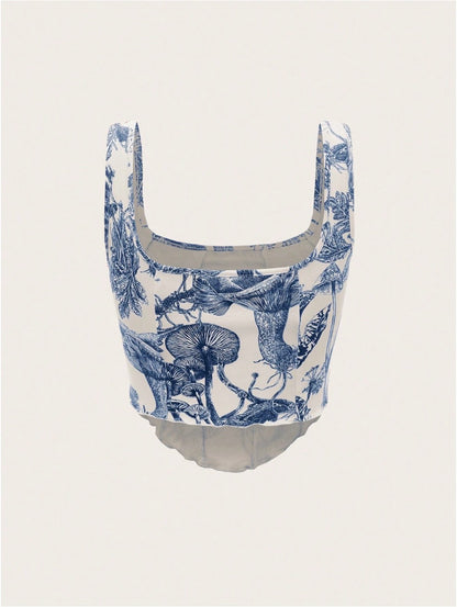 Plant Print Lettuce Trim Bodycon Summer Tank Top