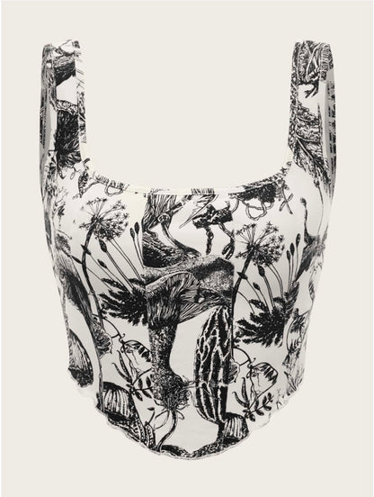 Plant Print Lettuce Trim Bodycon Summer Tank Top