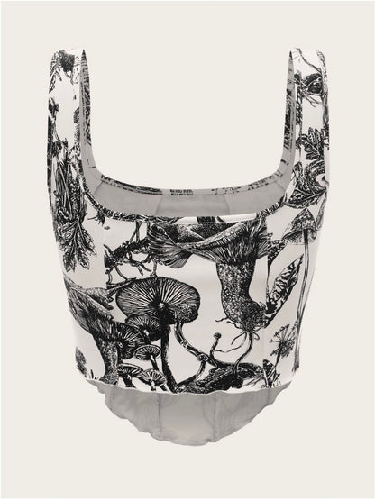 Plant Print Lettuce Trim Bodycon Summer Tank Top