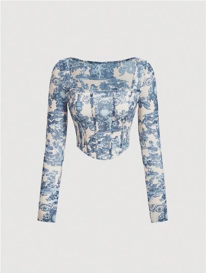 Landscape Print Curved Hem Crop Tee