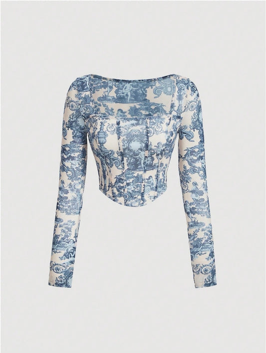 Landscape Print Curved Hem Crop Tee