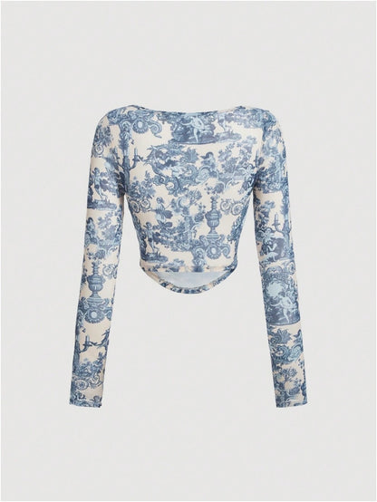 Landscape Print Curved Hem Crop Tee