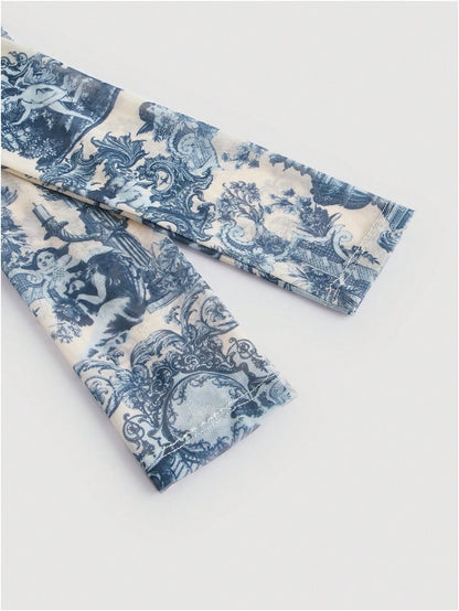 Landscape Print Curved Hem Crop Tee
