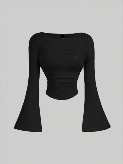 Boat Neck Bell Sleeve Waist Ruched Casual T-Shirt , Bell Sleeve Top