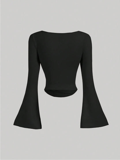 Boat Neck Bell Sleeve Waist Ruched Casual T-Shirt , Bell Sleeve Top