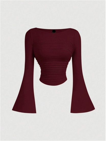 Boat Neck Bell Sleeve Waist Ruched Casual T-Shirt , Bell Sleeve Top