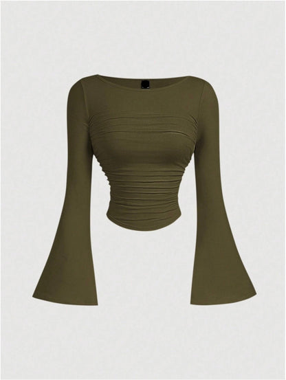 Boat Neck Bell Sleeve Waist Ruched Casual T-Shirt , Bell Sleeve Top