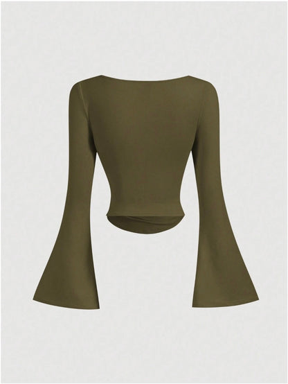 Boat Neck Bell Sleeve Waist Ruched Casual T-Shirt , Bell Sleeve Top