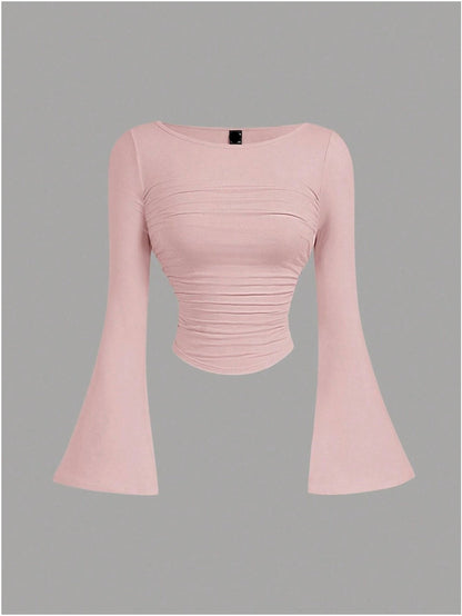 Boat Neck Bell Sleeve Waist Ruched Casual T-Shirt , Bell Sleeve Top