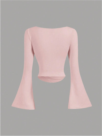 Boat Neck Bell Sleeve Waist Ruched Casual T-Shirt , Bell Sleeve Top