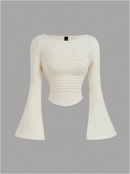 Boat Neck Bell Sleeve Waist Ruched Casual T-Shirt , Bell Sleeve Top