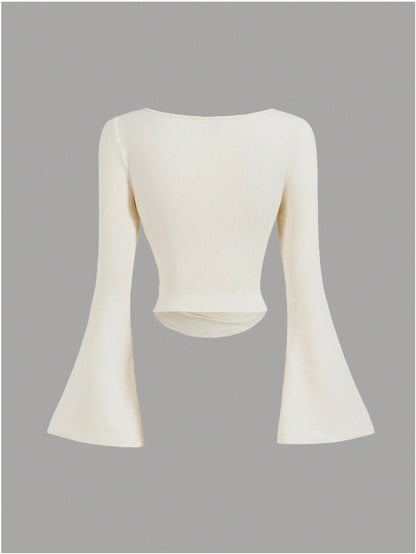 Boat Neck Bell Sleeve Waist Ruched Casual T-Shirt , Bell Sleeve Top