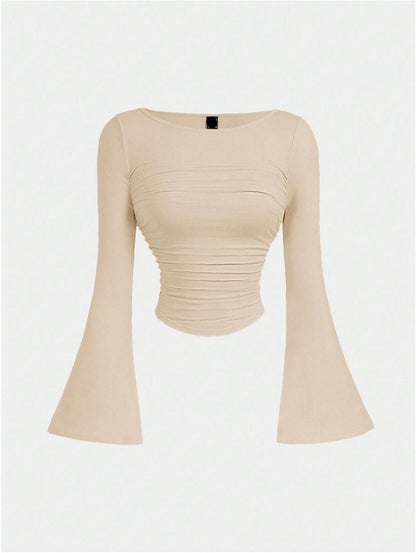 Boat Neck Bell Sleeve Waist Ruched Casual T-Shirt , Bell Sleeve Top