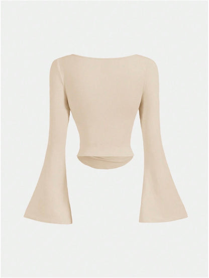 Boat Neck Bell Sleeve Waist Ruched Casual T-Shirt , Bell Sleeve Top